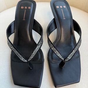 Black suede studio thong sandals in black 8.5, crystals.
